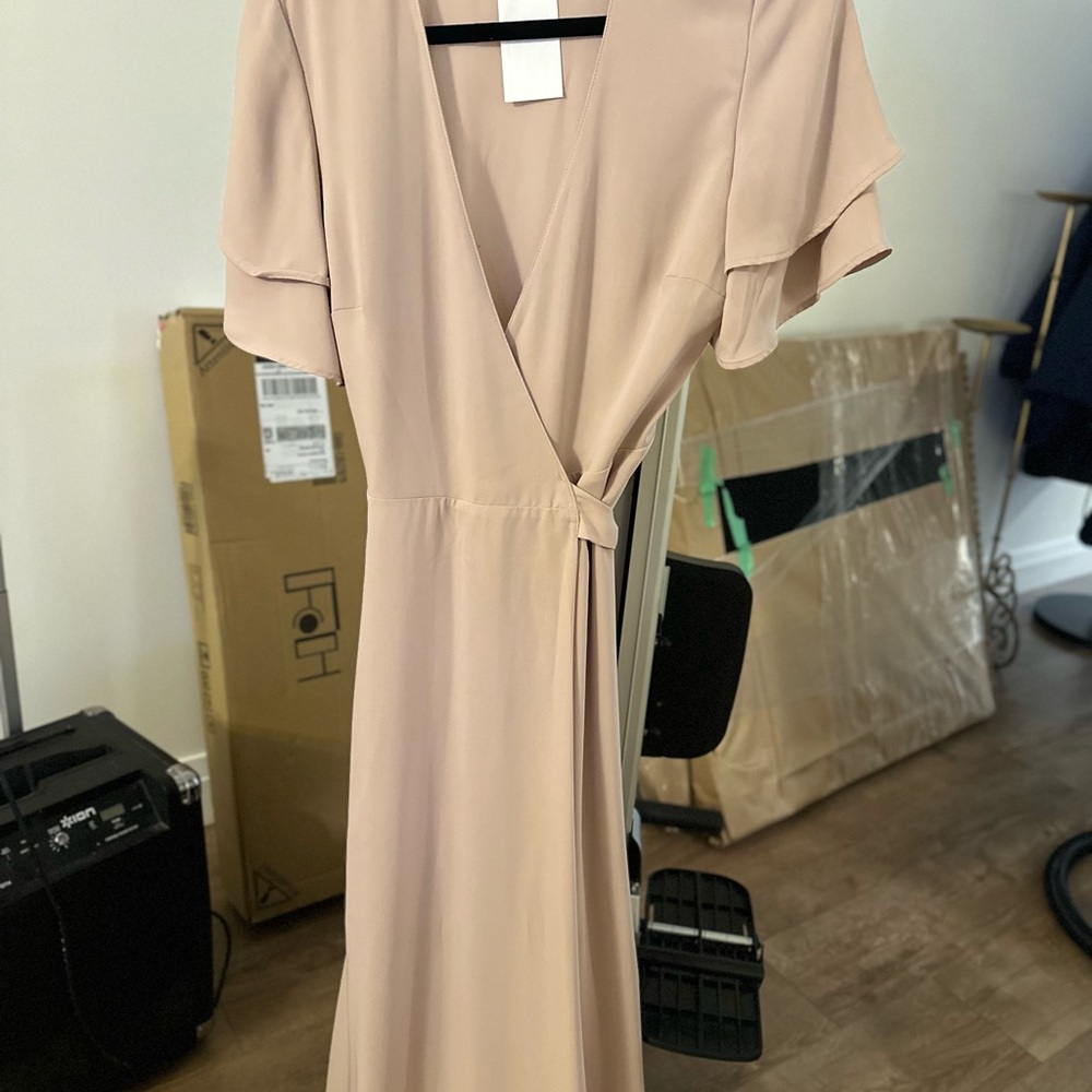 H&M Tan Wrap Maxi Dress with V-Neck and Flutter Sleeves